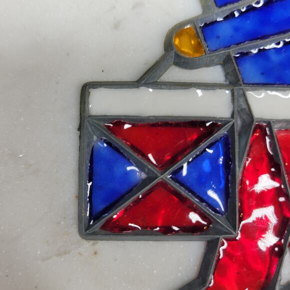 Vintage Drummer Boy Stained Glass Sun Catcher Blue Red Christmas Holiday - Picture 7 of 12